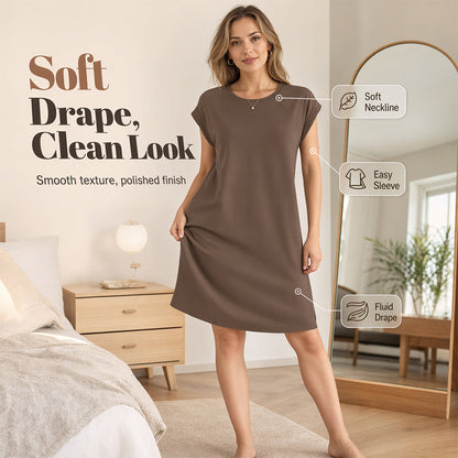 ⏰ 50 % RABATT – Nur für kurze Zeit ✨👗 Damen-Kleid mit Rundhals & kurzen Ärmeln – aus Baumwollmix, bequeme Passform, einfarbig & vielseitig für Alltag, Büro & Freizeit