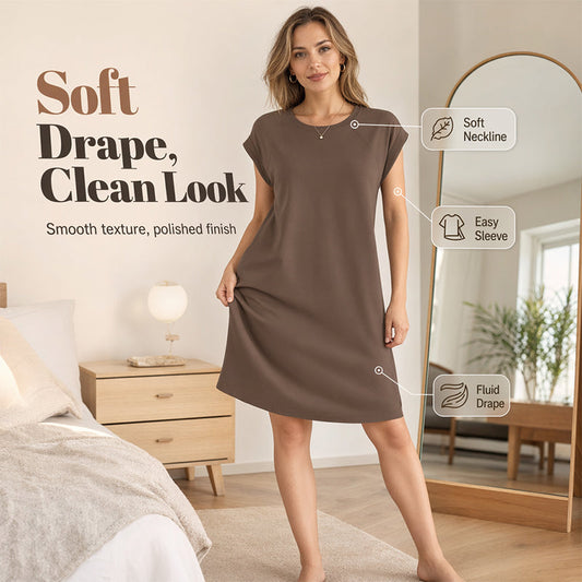 ⏰ 50 % RABATT – Nur für kurze Zeit ✨👗 Damen-Kleid mit Rundhals & kurzen Ärmeln – aus Baumwollmix, bequeme Passform, einfarbig & vielseitig für Alltag, Büro & Freizeit