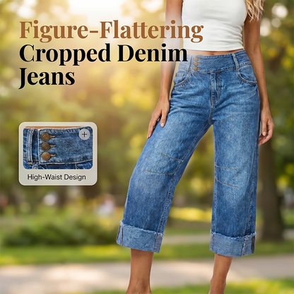 ⏰ 50 % RABATT – Nur für kurze Zeit ✨👖 Figurschmeichelnde Cropped Denim-Jeans mit hoher Taille & weiter Beinweite – 3-facher Knopfverschluss, umgeschlagene Säume & atmungsaktive Qualität