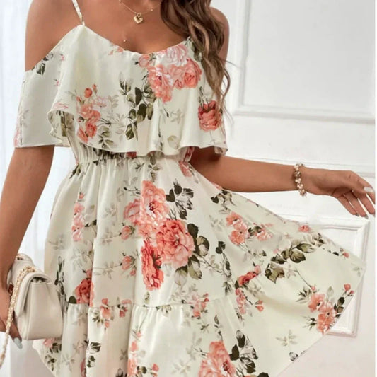 👗🌸 50 % RABATT! Damen Boho Blumenprint Cold-Shoulder-Kleid – Leicht, fließend & perfekt für Sommer, Strand & Gartenparty ✨