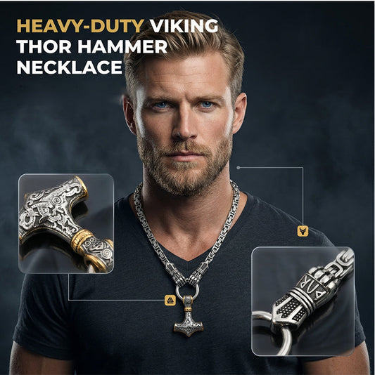 🔥 50% RABATT | Wikinger Thor Hammer Halskette – Edelstahl Byzantinische Kette | Silber & Gold | 60–70 cm ⚡
