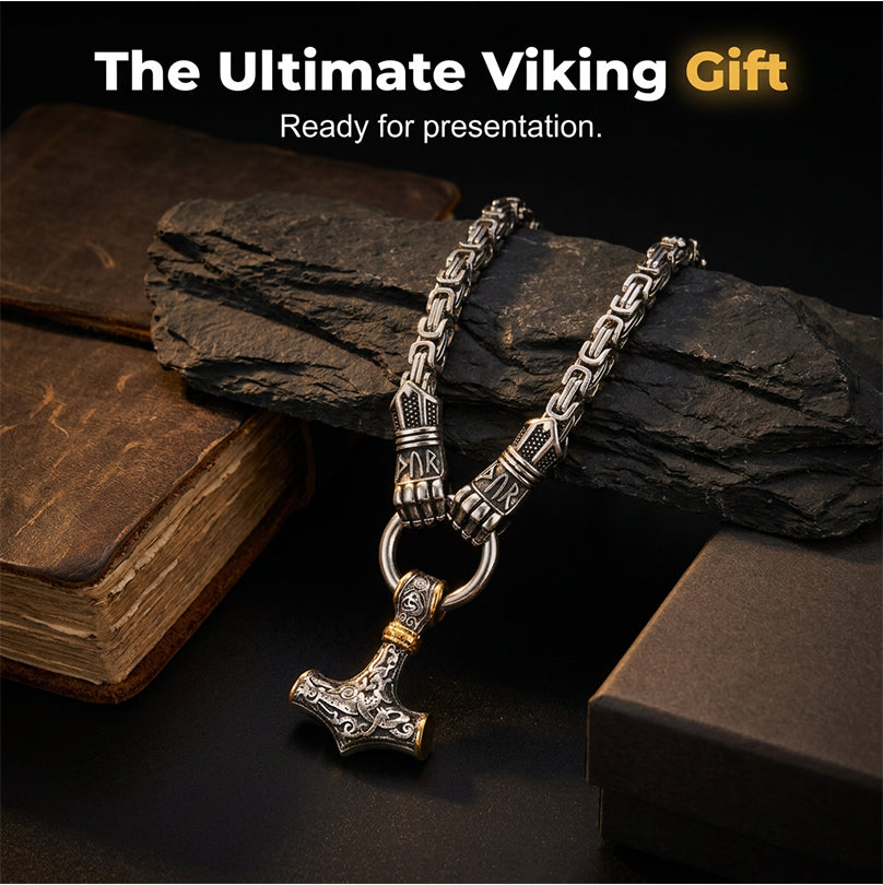 🔥 50% RABATT | Wikinger Thor Hammer Halskette – Edelstahl Byzantinische Kette | Silber & Gold | 60–70 cm ⚡