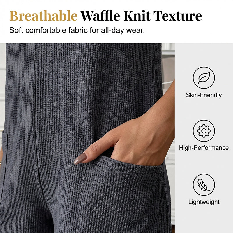 ⏳Zeitlich begrenztes Angebot⏰ Damen Ärmelloser Einteiler mit Knopfleiste – Waffelstrick, Rundhalsausschnitt, Seitentaschen 🌿