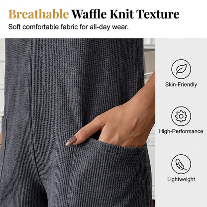 ⏳Zeitlich begrenztes Angebot⏰ Damen Ärmelloser Einteiler mit Knopfleiste – Waffelstrick, Rundhalsausschnitt, Seitentaschen 🌿