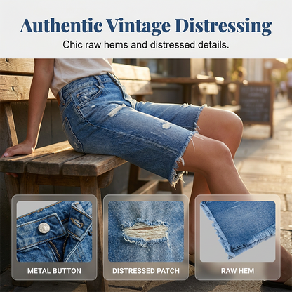 ⏰ NUR KURZE ZEIT 50 % RABATT! 👖 Damen Stretch Bermuda Jeans-Shorts – Vintage Used-Look, Destroy-Details, elastischer Stoff für maximalen Komfort 💙