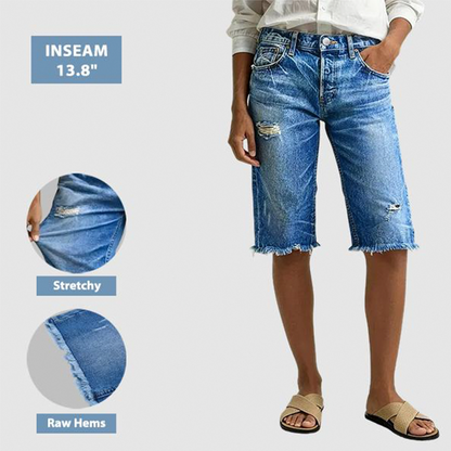 ⏰ NUR KURZE ZEIT 50 % RABATT! 👖 Damen Stretch Bermuda Jeans-Shorts – Vintage Used-Look, Destroy-Details, elastischer Stoff für maximalen Komfort 💙