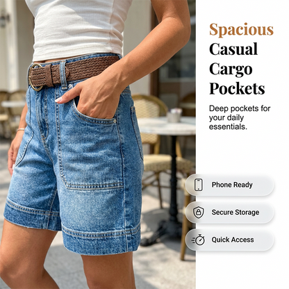 📢📢50 % RABATT !! ⏰Bermuda-Jeansshorts für Damen mit mittlerer Leibhöhe und Taschen