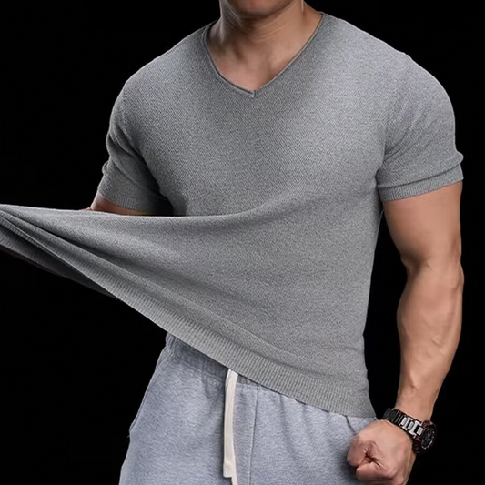👕 50% RABATT! ✨ Atmungsaktives V-Ausschnitt Strick-T-Shirt – Strukturiert & sportlicher Schnitt – Perfekt für Gym, Streetstyle oder den Alltag – bequem & vielseitig 🏋️🔥