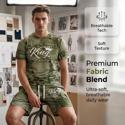 🔥Herren Lässiges Kunstdenim-Print T-Shirt & Shorts Set