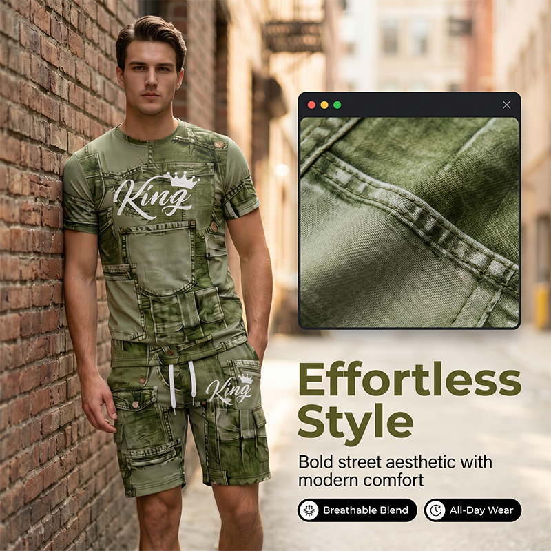 🔥Herren Lässiges Kunstdenim-Print T-Shirt & Shorts Set