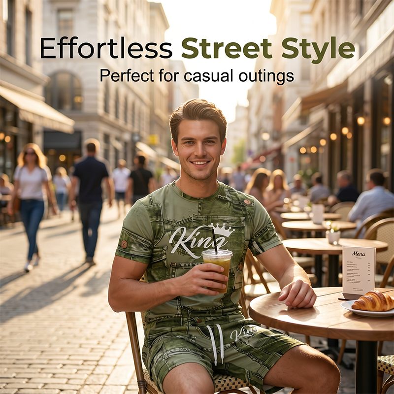 🔥Herren Lässiges Kunstdenim-Print T-Shirt & Shorts Set