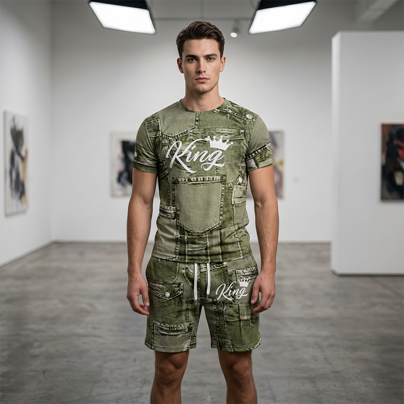 🔥Herren Lässiges Kunstdenim-Print T-Shirt & Shorts Set