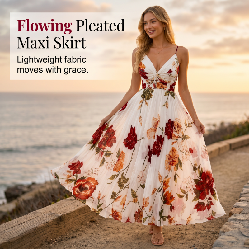 💃 Neuheiten 50% RABATT💥 Damen Bedrucktes Trägerkleid Maxikleid – V-Ausschnitt, verstellbare Träger & fließende A-Linie. Ein zeitloses, feminines Stück für warme Tage 🌿