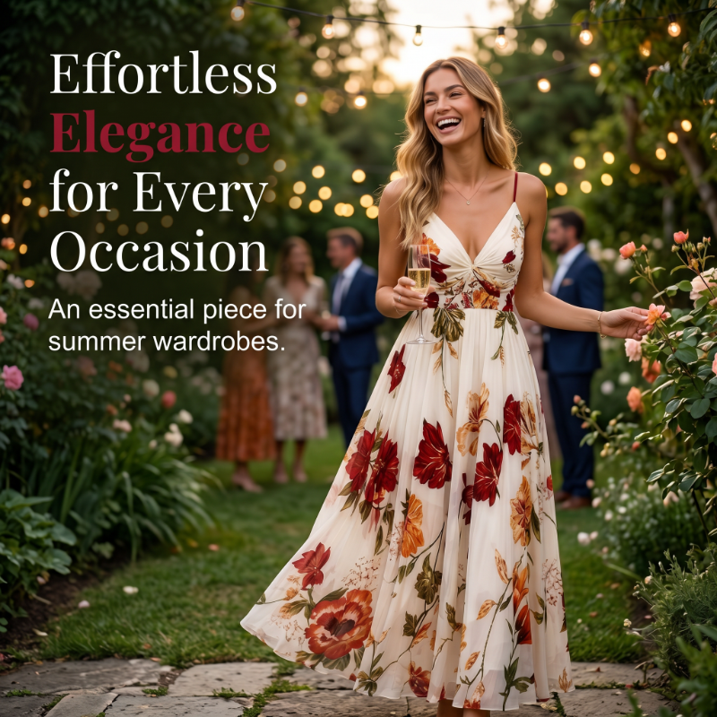💃 Neuheiten 50% RABATT💥 Damen Bedrucktes Trägerkleid Maxikleid – V-Ausschnitt, verstellbare Träger & fließende A-Linie. Ein zeitloses, feminines Stück für warme Tage 🌿