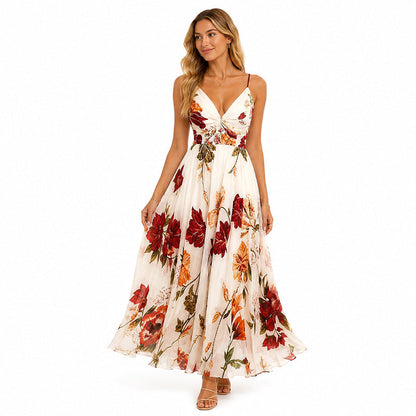 💃 Neuheiten 50% RABATT💥 Damen Bedrucktes Trägerkleid Maxikleid – V-Ausschnitt, verstellbare Träger & fließende A-Linie. Ein zeitloses, feminines Stück für warme Tage 🌿