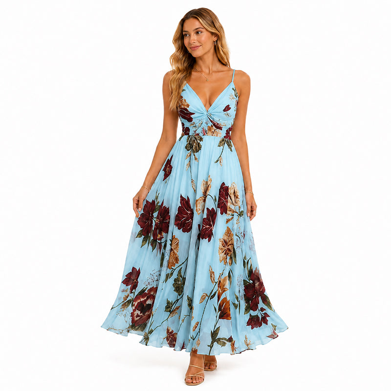 💃 Neuheiten 50% RABATT💥 Damen Bedrucktes Trägerkleid Maxikleid – V-Ausschnitt, verstellbare Träger & fließende A-Linie. Ein zeitloses, feminines Stück für warme Tage 🌿
