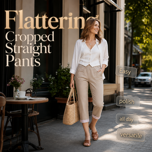 ✨ 50 % RABATT FÜR BEGRENZTE ZEIT! 👖 Damen figurformende Cropped Straight-Hose mit elastischem Taillenbund – Leichter Stoff, umklappbarer Saum mit Kontraststreifen, praktische Taschen für Alltag & Stadt