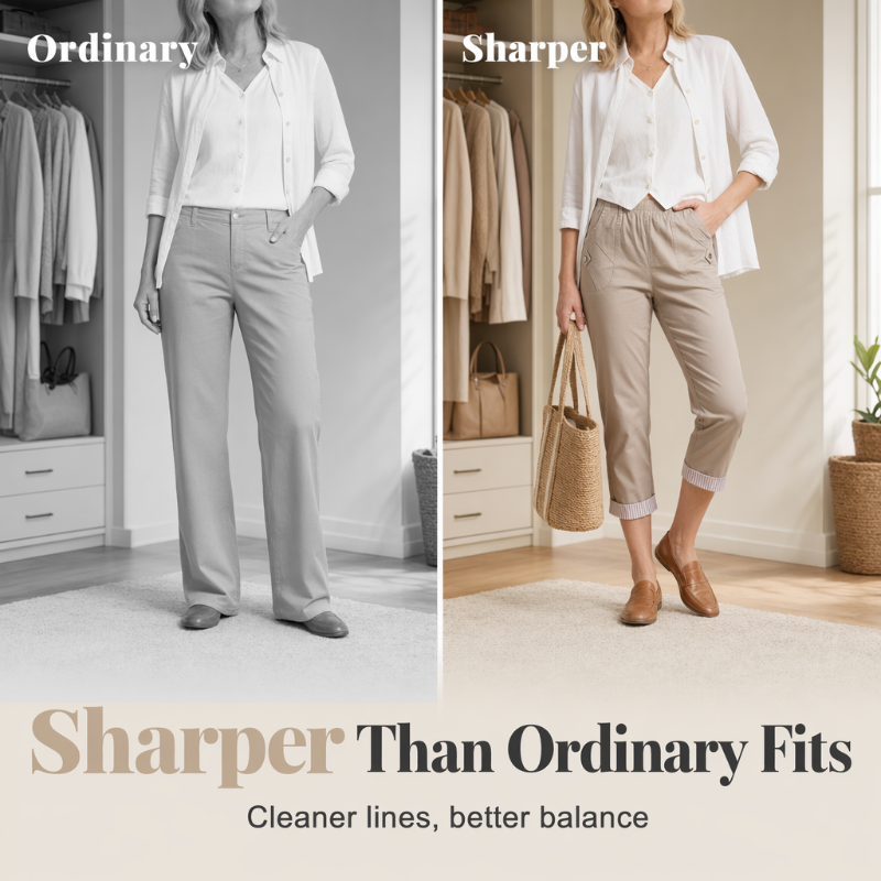 ✨ 50 % RABATT FÜR BEGRENZTE ZEIT! 👖 Damen figurformende Cropped Straight-Hose mit elastischem Taillenbund – Leichter Stoff, umklappbarer Saum mit Kontraststreifen, praktische Taschen für Alltag & Stadt
