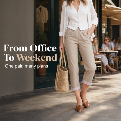 ✨ 50 % RABATT FÜR BEGRENZTE ZEIT! 👖 Damen figurformende Cropped Straight-Hose mit elastischem Taillenbund – Leichter Stoff, umklappbarer Saum mit Kontraststreifen, praktische Taschen für Alltag & Stadt