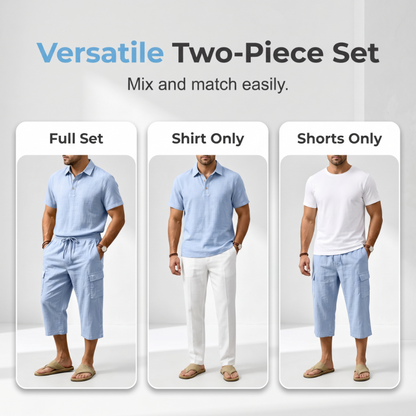 👕☀️Herren Sommer Leinen-Set – Lockeres Hemd & Cargo-Shorts Zweiteiliges Outfit