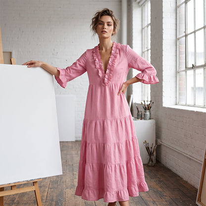 ✨Damen Rüschenbesatz V-Ausschnitt Gestuftes Maxikleid