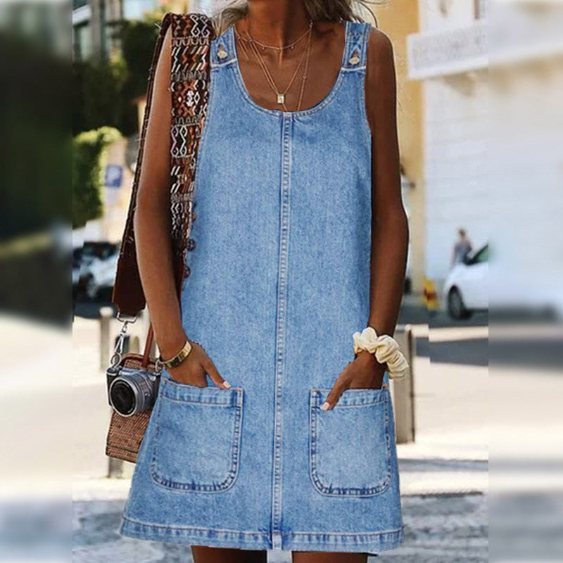 💙 50% RABATT! 👗 Damen lässiges Denim-Trägerkleid – Leichter Jeansstoff, verstellbare Träger & bequeme Passform – Perfekt für warme Tage & lässige Looks ☀️