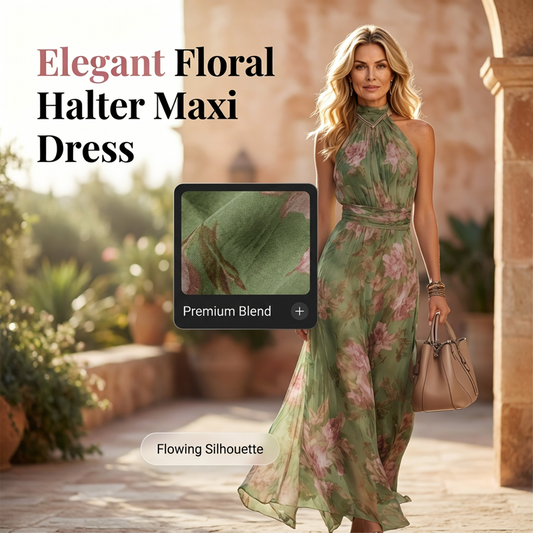 🌸 50% RABATT! 👗 Elegantes Maxi-Kleid mit Blumendruck & Neckholder – Fließender Stoff, figurschmeichelnd & Boho-Stil – Ideal für Sommer, Urlaub & warme Abende ☀️