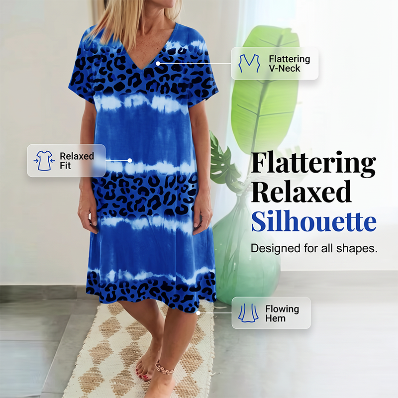 Damen Casual Batik Leopardenmuster V-Ausschnitt Kleid