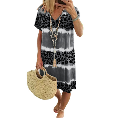 Damen Casual Batik Leopardenmuster V-Ausschnitt Kleid