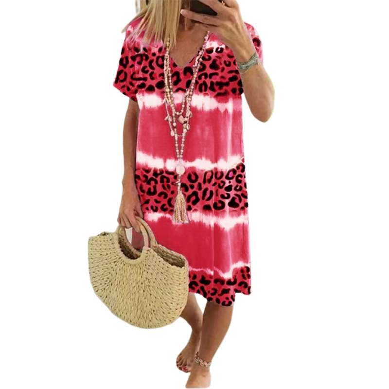 Damen Casual Batik Leopardenmuster V-Ausschnitt Kleid