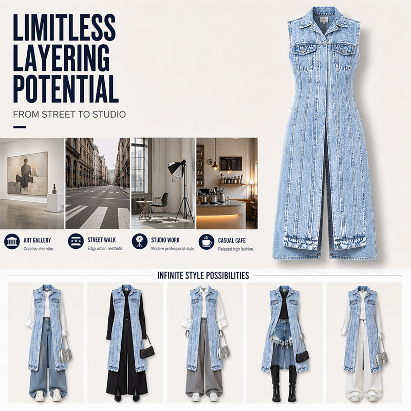 ☀️Sonderangebot: 50 % RABATT👗Damen Gilet-Stil Ärmelloses Jeanskleid mit hohem Schlitz