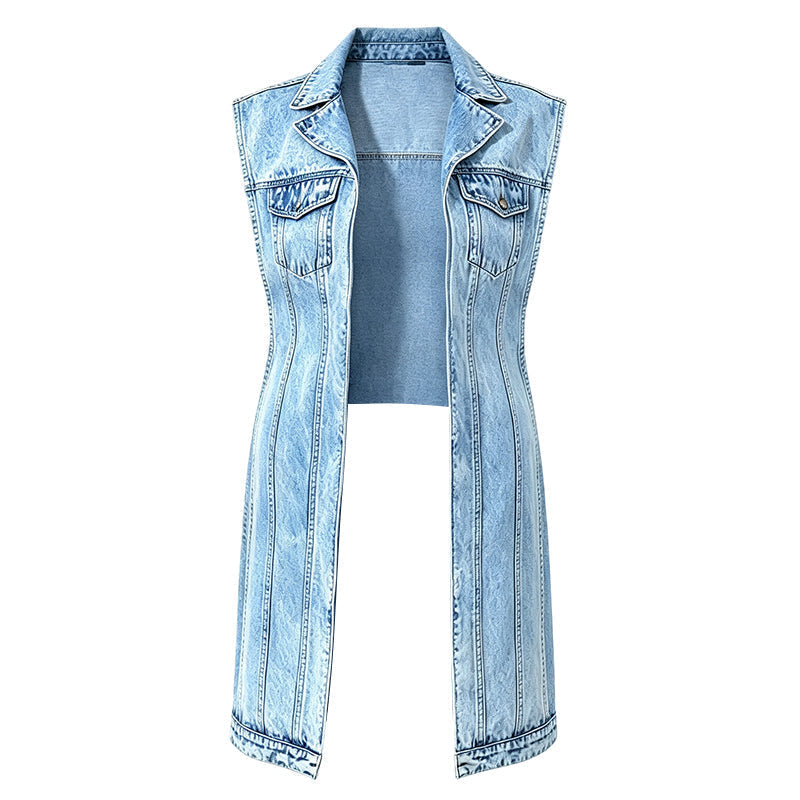 ☀️Sonderangebot: 50 % RABATT👗Damen Gilet-Stil Ärmelloses Jeanskleid mit hohem Schlitz