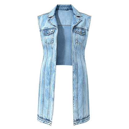 ☀️Sonderangebot: 50 % RABATT👗Damen Gilet-Stil Ärmelloses Jeanskleid mit hohem Schlitz