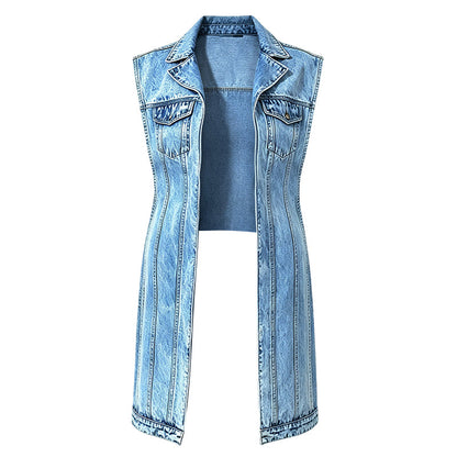 ☀️Sonderangebot: 50 % RABATT👗Damen Gilet-Stil Ärmelloses Jeanskleid mit hohem Schlitz