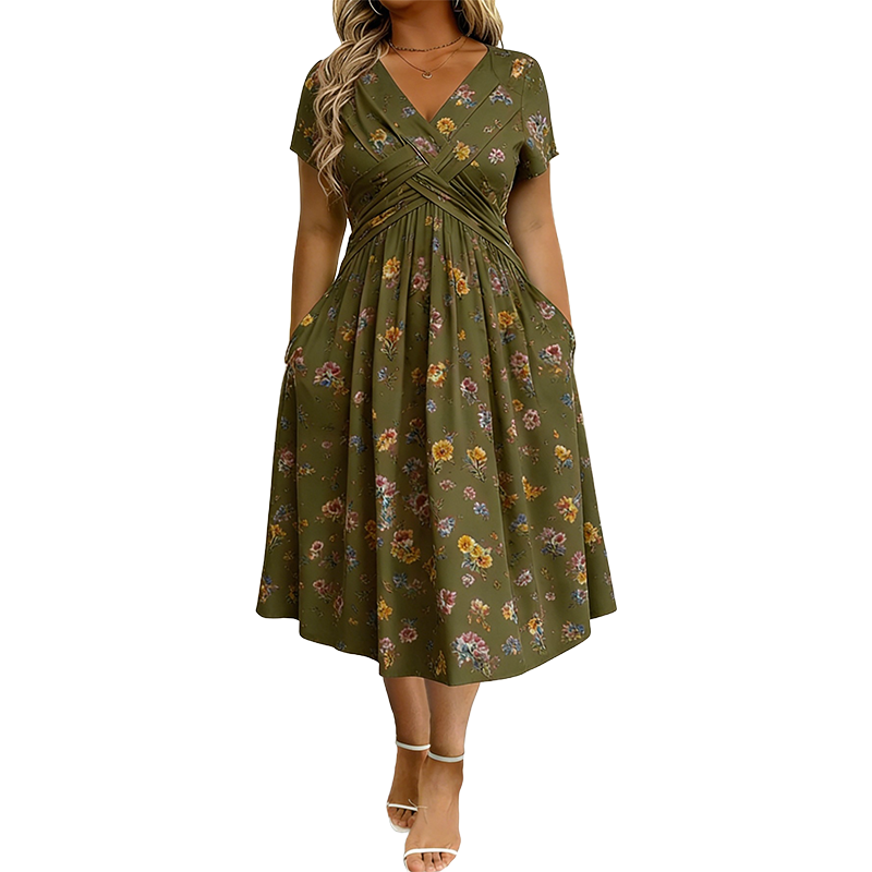 🌸 Blumiges V-Ausschnitt-Kleid mit Taillendrehung – elegant und lässig für jeden Anlass