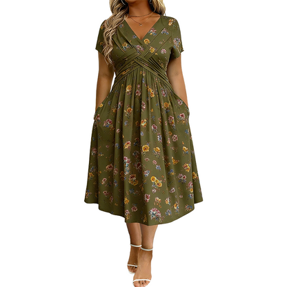 🌸 Blumiges V-Ausschnitt-Kleid mit Taillendrehung – elegant und lässig für jeden Anlass