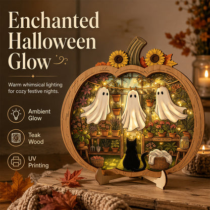 Tischdekoration aus Holz in Kürbisform für Halloween