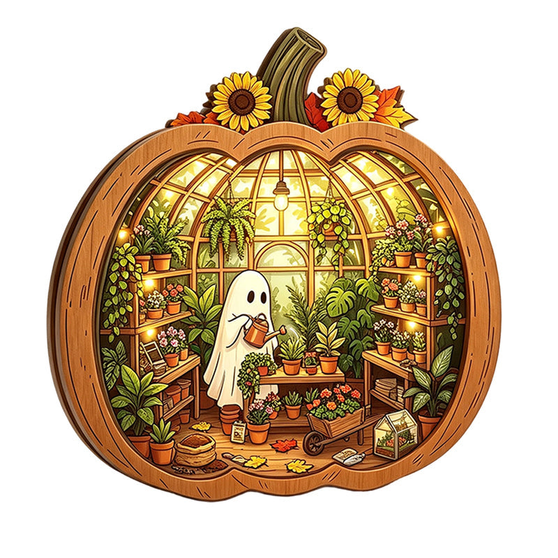 Tischdekoration aus Holz in Kürbisform für Halloween