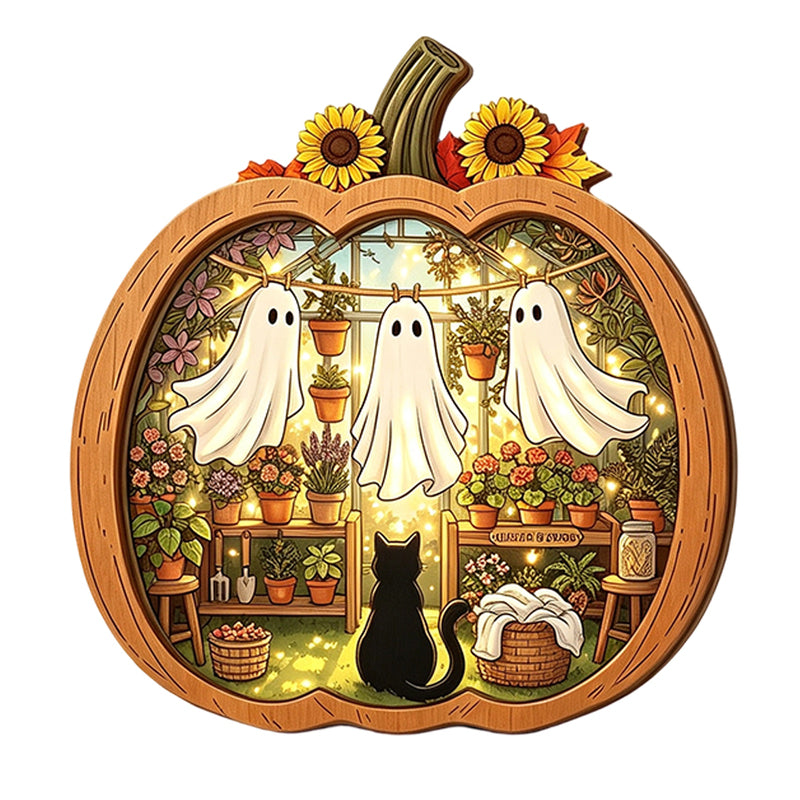 Tischdekoration aus Holz in Kürbisform für Halloween