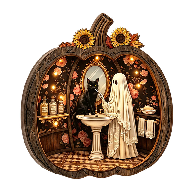 Tischdekoration aus Holz in Kürbisform für Halloween