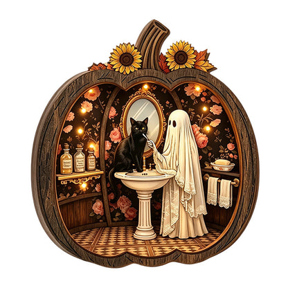 Tischdekoration aus Holz in Kürbisform für Halloween
