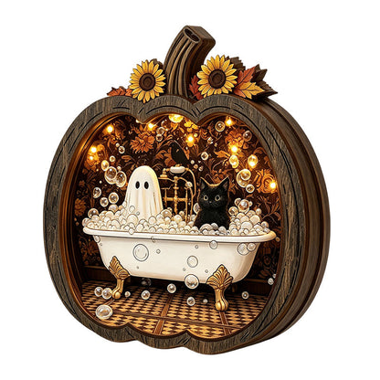Tischdekoration aus Holz in Kürbisform für Halloween