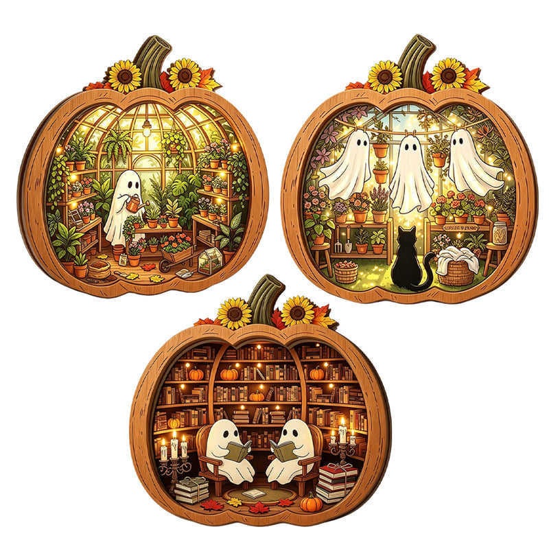 Tischdekoration aus Holz in Kürbisform für Halloween