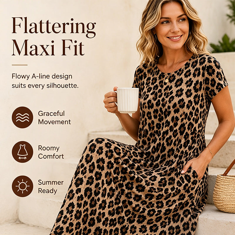 👗Damen Leopardenmuster Maxi-Kleid mit Taschen Lässiges Kurzarm Langes Kleid