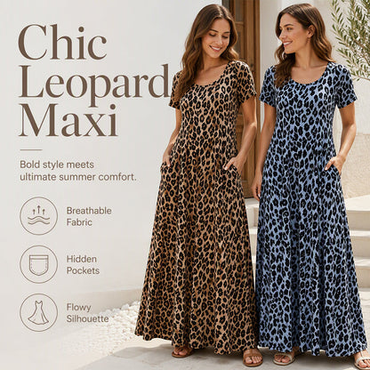 👗Damen Leopardenmuster Maxi-Kleid mit Taschen Lässiges Kurzarm Langes Kleid