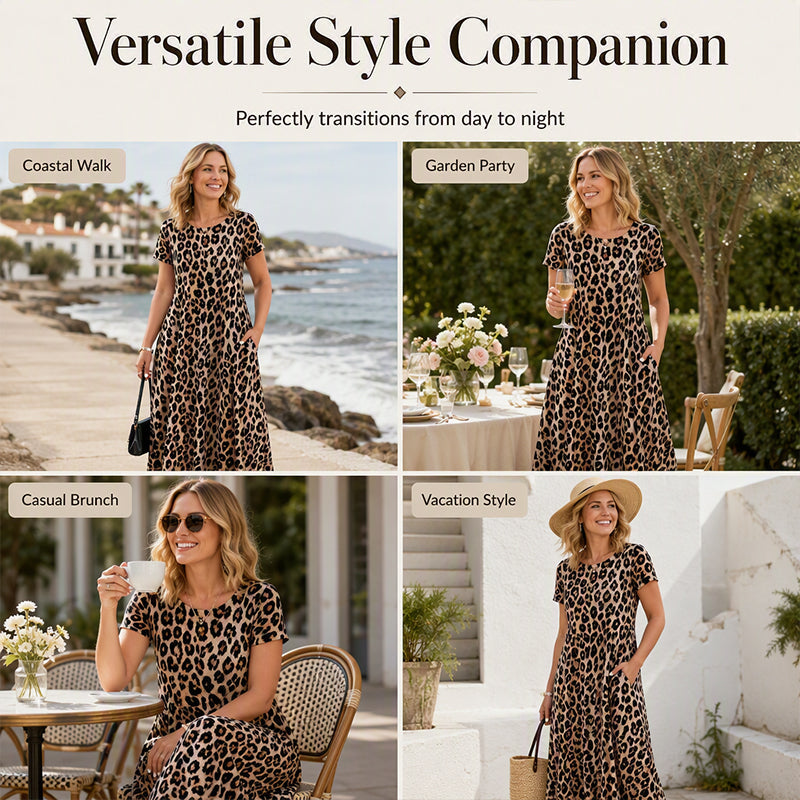 👗Damen Leopardenmuster Maxi-Kleid mit Taschen Lässiges Kurzarm Langes Kleid