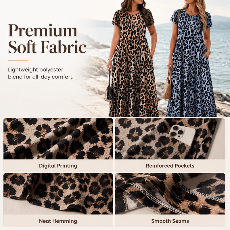 👗Damen Leopardenmuster Maxi-Kleid mit Taschen Lässiges Kurzarm Langes Kleid