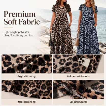 👗Damen Leopardenmuster Maxi-Kleid mit Taschen Lässiges Kurzarm Langes Kleid
