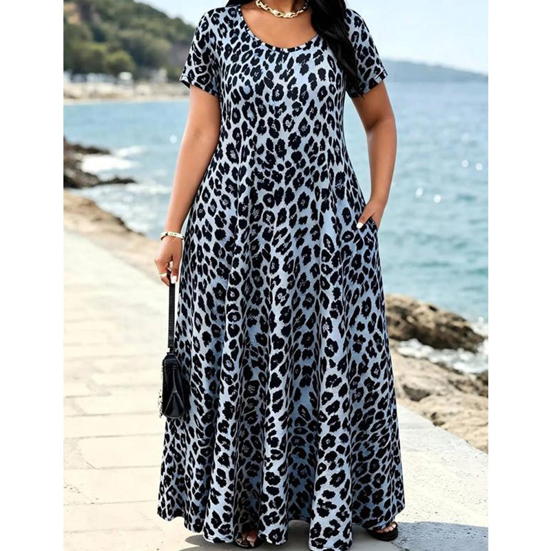 👗Damen Leopardenmuster Maxi-Kleid mit Taschen Lässiges Kurzarm Langes Kleid