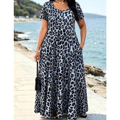 👗Damen Leopardenmuster Maxi-Kleid mit Taschen Lässiges Kurzarm Langes Kleid
